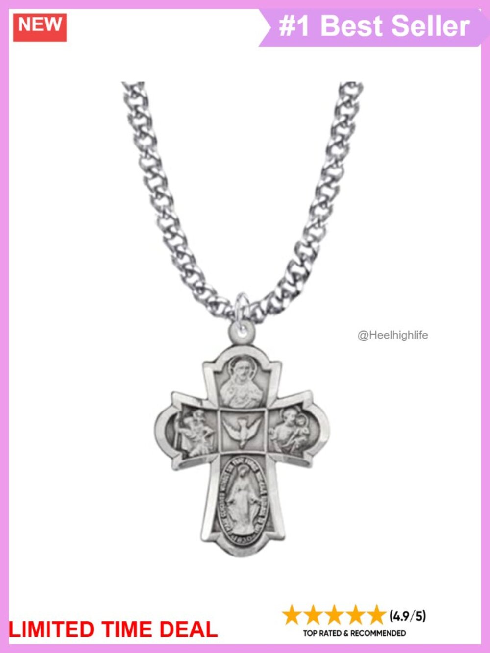 Sterling Silver 5 Way Medal Cross Pendant Necklace 18" Stainless Chain